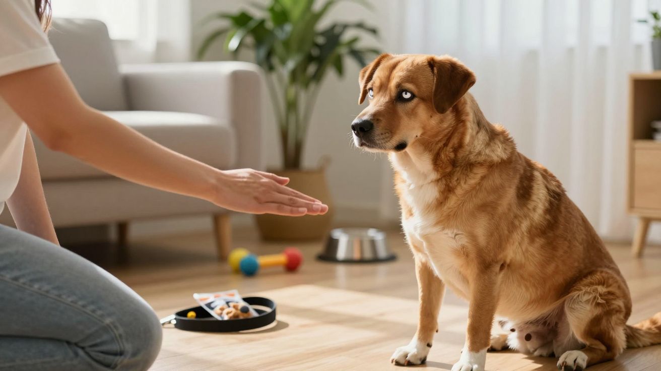 Cão sentado no chão de madeira, com uma pessoa à esquerda estendendo a mão. Ao fundo, brinquedos e uma planta.