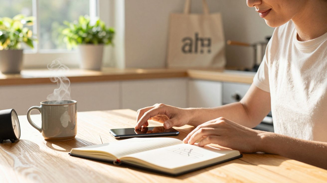 Pessoa a utilizar um smartphone numa mesa com chávena de café fumegante e caderno aberto em ambiente iluminado.
