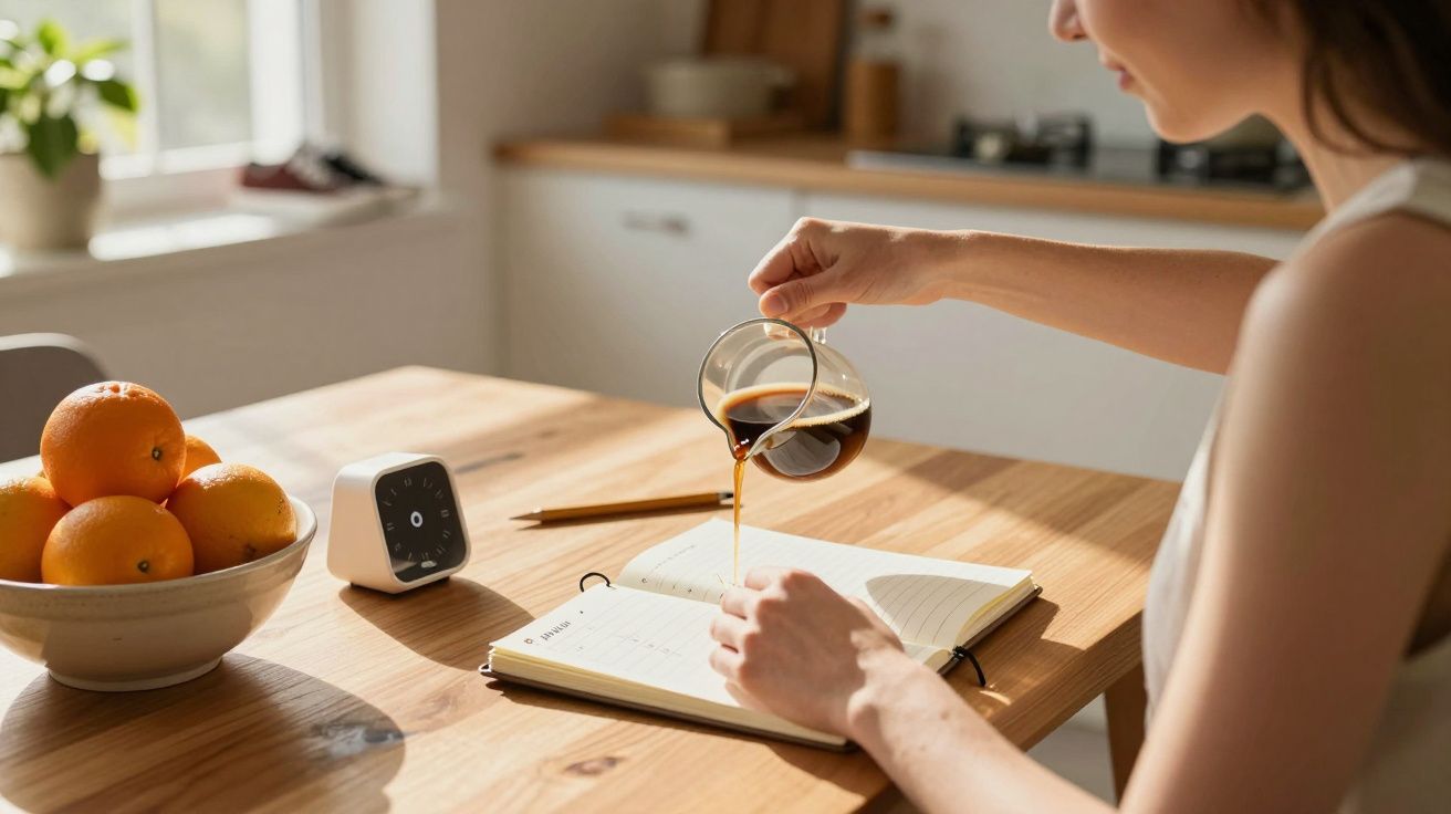 Mulher a verter café numa chávena ao lado de um caderno aberto numa mesa de madeira, com tigela de laranjas.