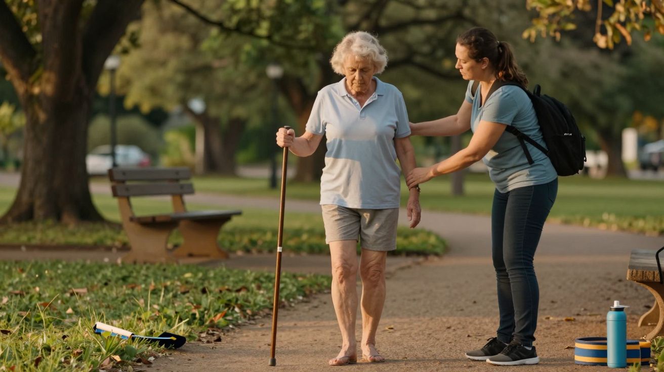Mulher idosa com bengala a caminhar num parque, acompanhada por cuidadora jovem.