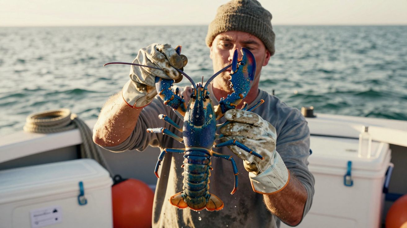 Homem em barco segurando lagosta azul com ambas as mãos; mar ao fundo.