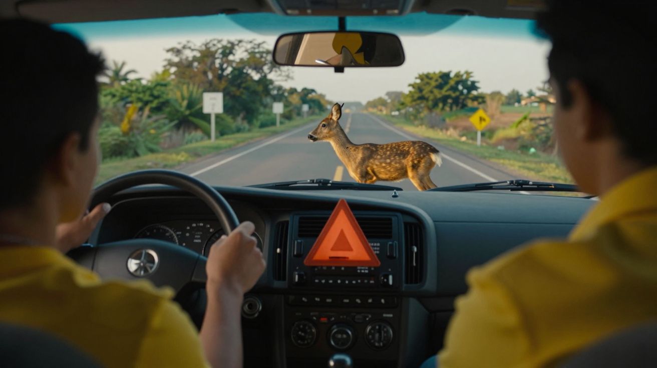 Dentro de um carro, duas pessoas observam um veado a atravessar a estrada.