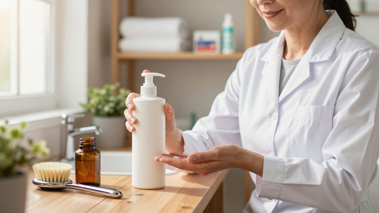 Pessoa de bata branca aplicando loção nas mãos junto a frascos e escova numa bancada de madeira.