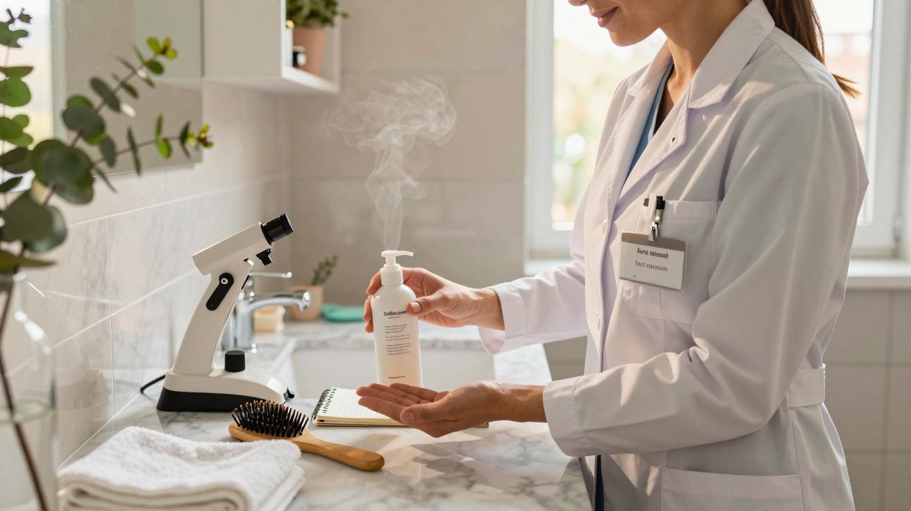 Médica de bata branca aplica desinfetante nas mãos em laboratório com microscópio ao fundo.