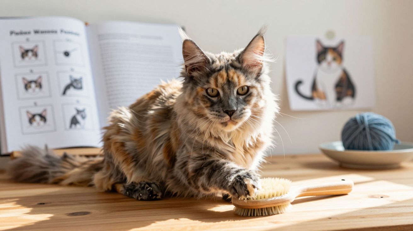 Gato malhado sentado numa mesa de madeira ao lado de uma escova, com um livro aberto e um novelo de lã ao fundo.