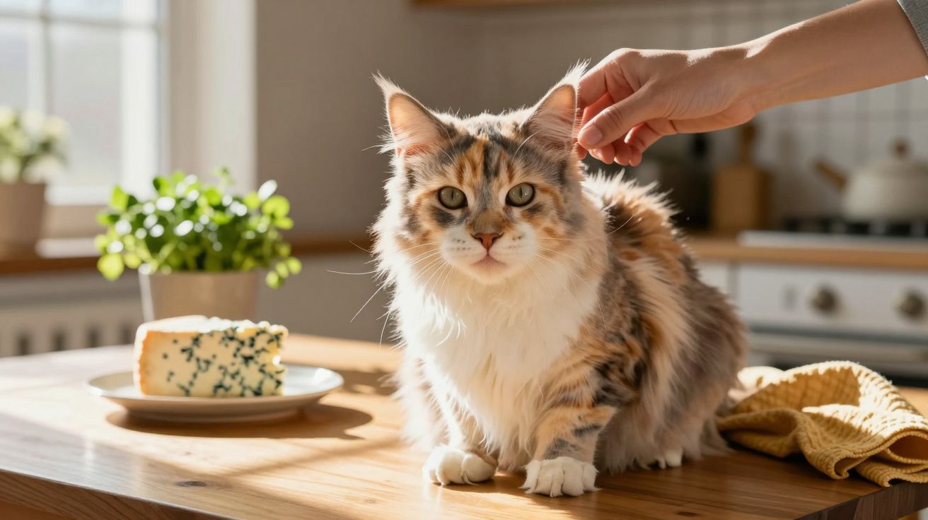 Gato peludo em cima de mesa de cozinha, perto de queijo, enquanto é acariciado no sol.