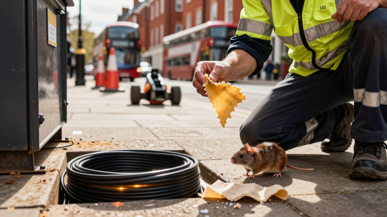 Trabalhador ajoelhado numa rua movimentada alimenta um rato ao lado de cabos expostos num buraco no passeio.