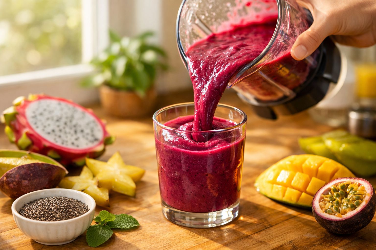 Mão a verter sumo de pitaya rosa num copo, com fruta fresca e sumo amarelo ao fundo numa bancada de cozinha.