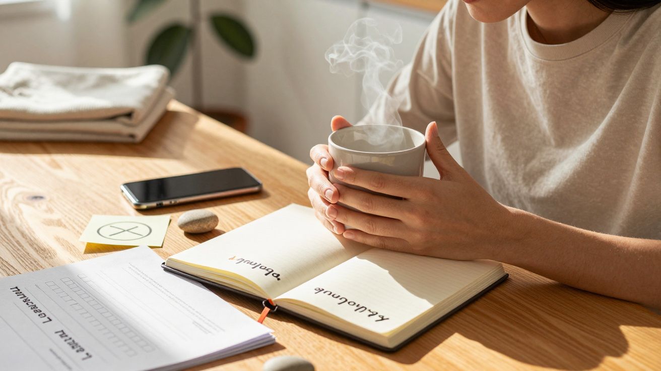 Pessoa segura uma chávena de café fumegante diante de um caderno aberto em cima de uma mesa de madeira com um telemóvel ao la