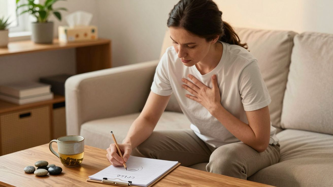 Mulher sentada no sofá escreve num caderno com atenção, com uma mão no peito e uma chávena de chá ao lado.