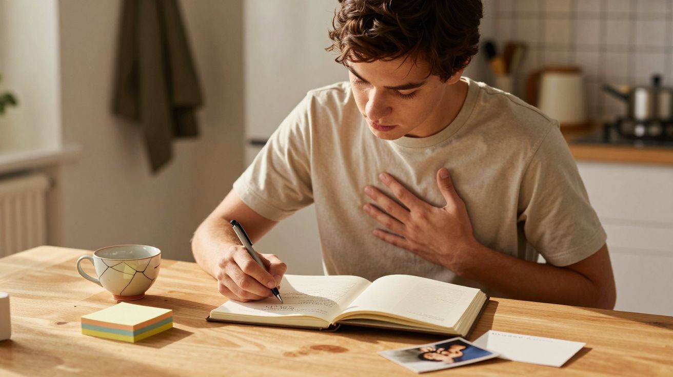 Jovem escrevendo em caderno na cozinha, com uma mão no peito e uma caneca ao lado.
