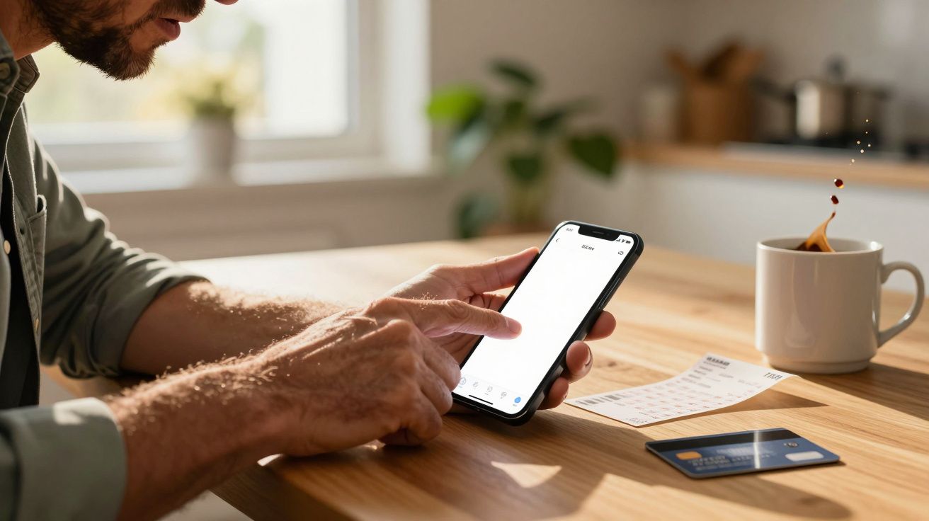 Homem usando smartphone, cartão e recibo na mesa; chávena de café ao lado, ambiente de cozinha ao fundo.