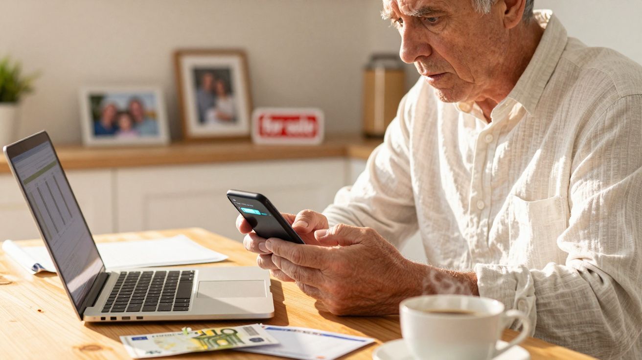 Homem idoso com camisa branca, sentado à mesa, usando smartphone com portátil aberto, ao lado de uma chávena de café.