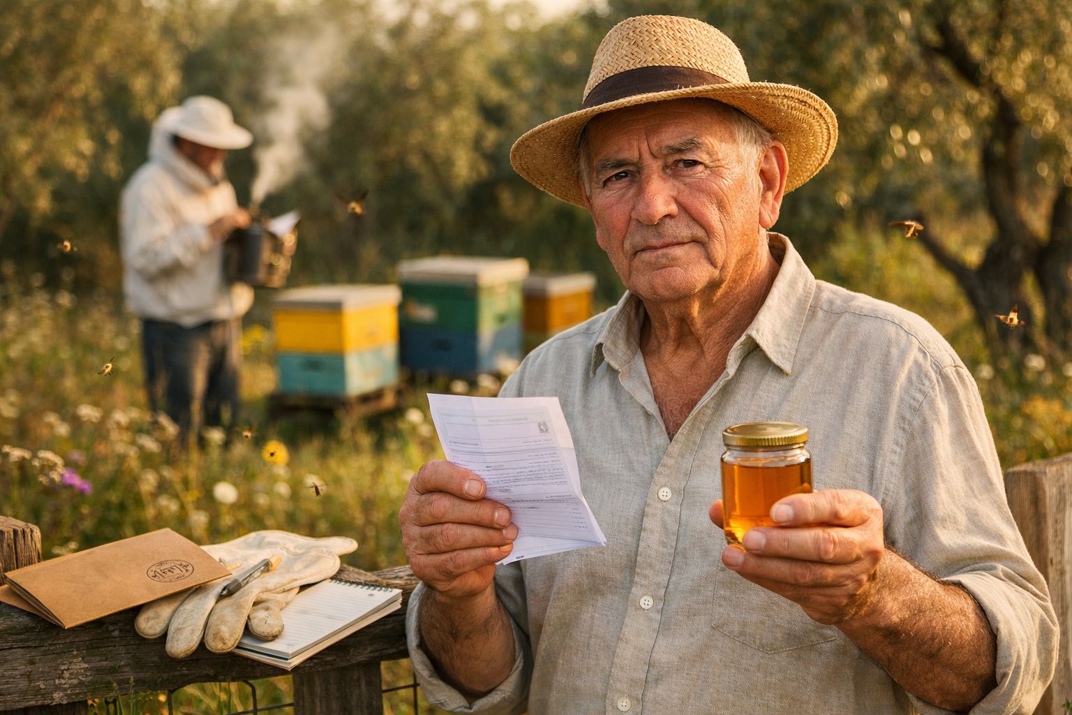 Homem idoso escreve em mesa, janela aberta mostra pessoa com gado. Calculadora e garrafa à direita.