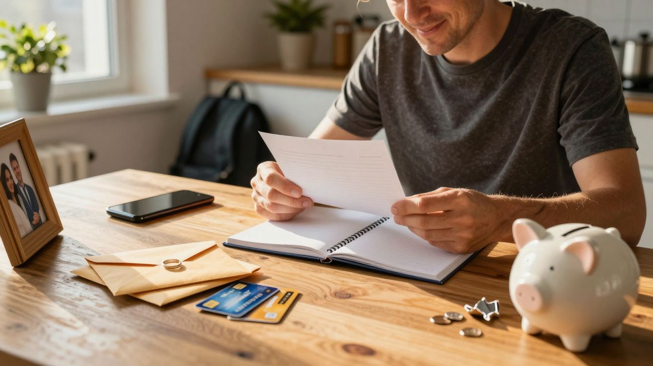 Homem sentado à mesa lendo um documento com um mealheiro, fotografias e cartões bancários ao lado.