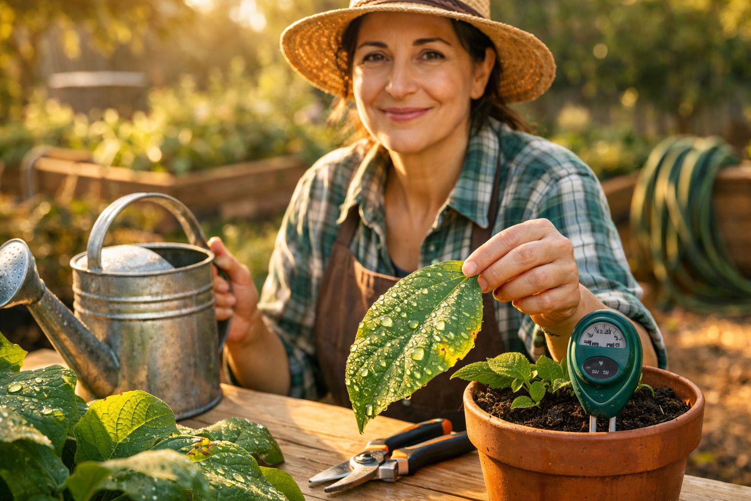 Pessoa rega tomateiros jovens em vasos de barro num jardim, com um saco de terra e um medidor de solo ao lado.