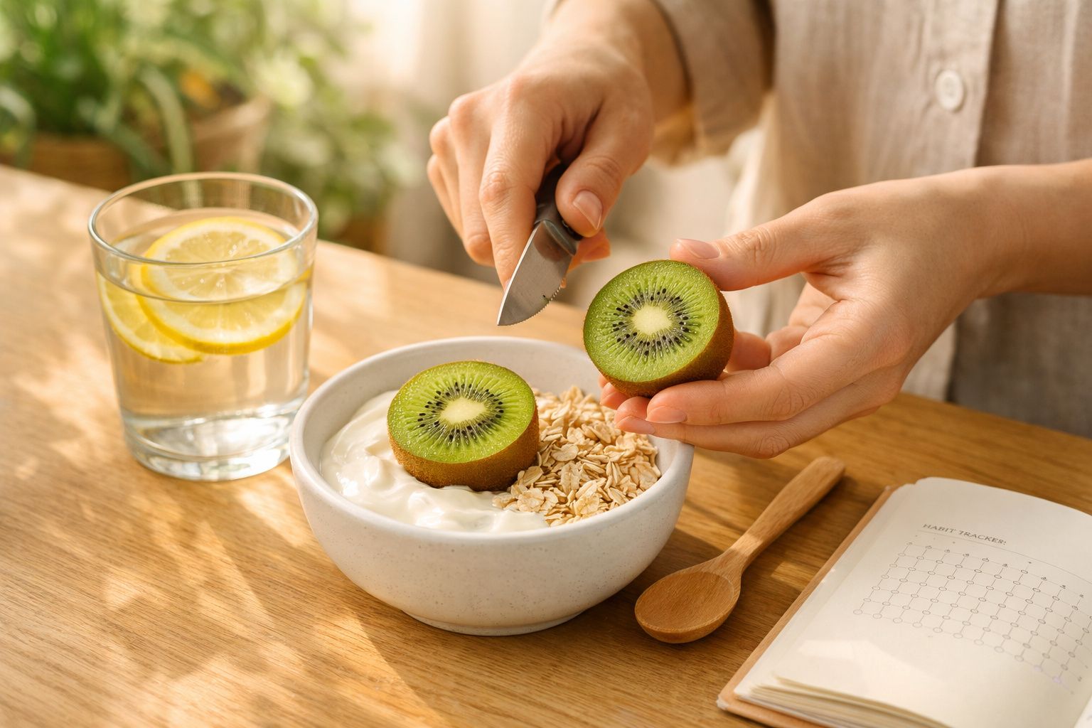 Pessoa a cortar kiwi numa tábua de madeira, com iogurte e copo de água ao lado numa cozinha iluminada.