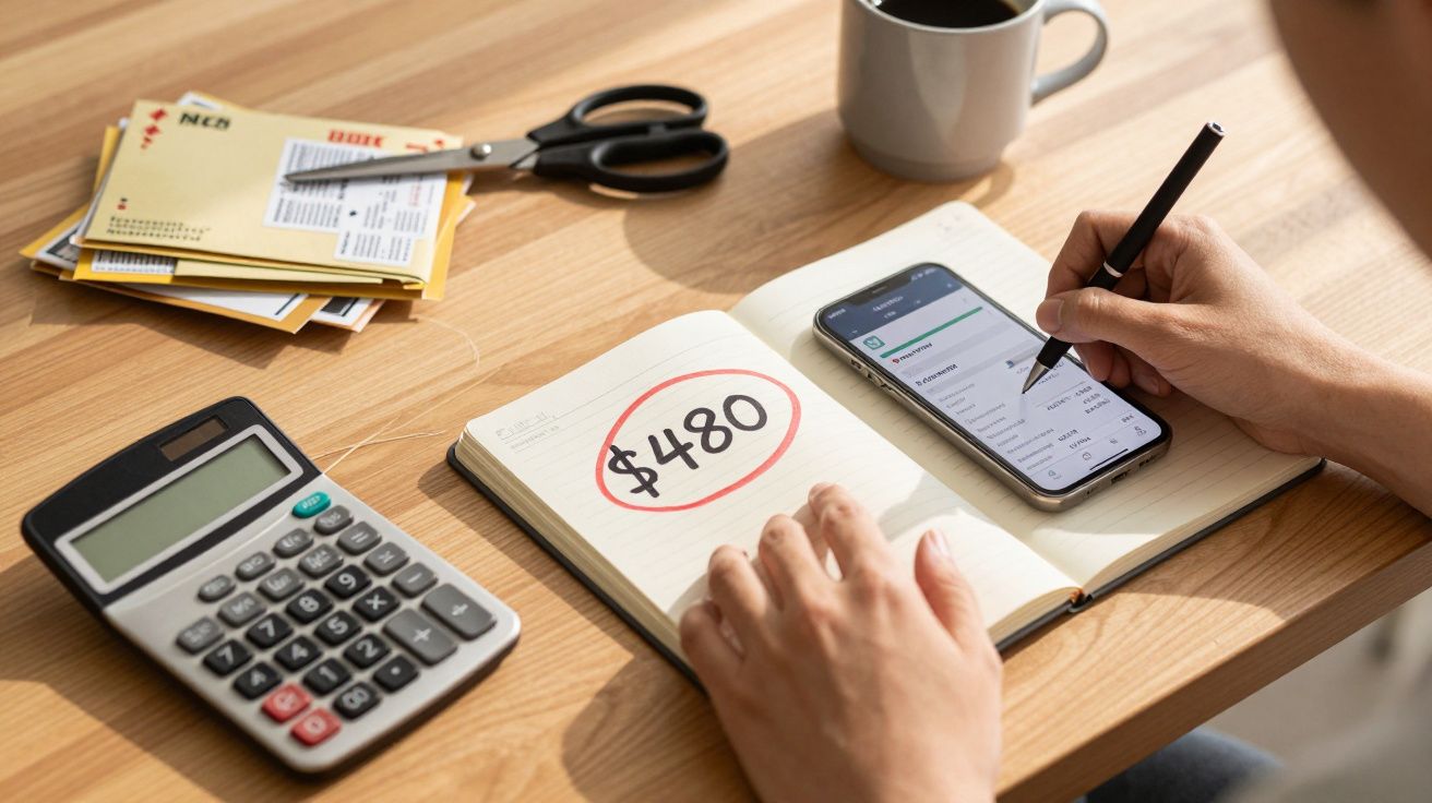 Pessoa anotando despesas num caderno, com calculadora, smartphone e canecas sobre a mesa.