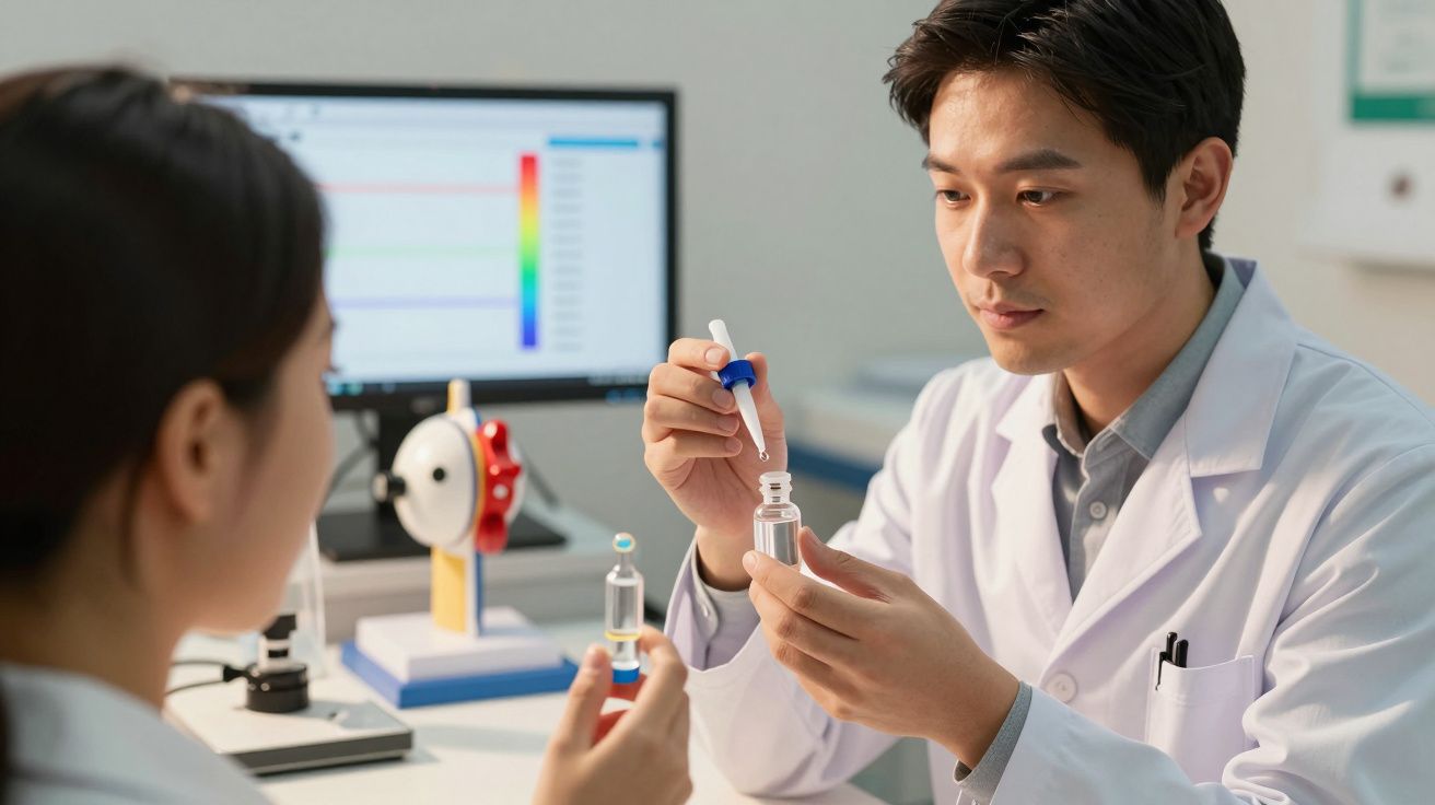 Cientistas de jaleco em laboratório, analisando líquidos em frascos, com computador e modelos anatómicos ao fundo.