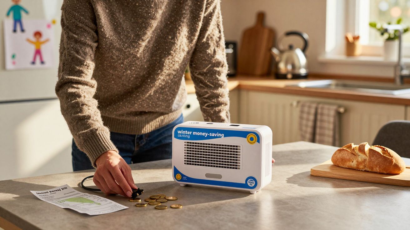 Pessoa em pé na cozinha com um aquecedor pequeno, moedas e um papel sobre o balcão.