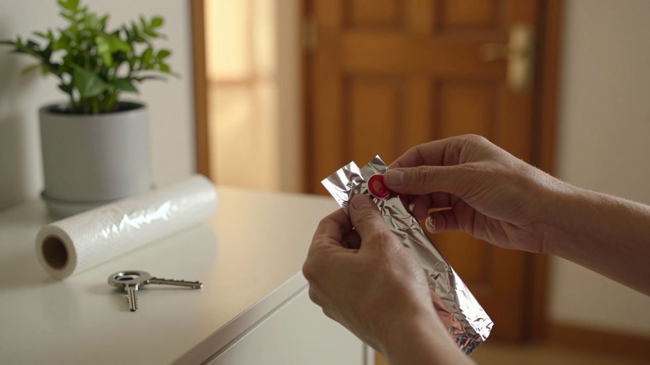 Mãos seguram folha de alumínio junto a uma mesa com planta, rolo de papel e chaves, porta de madeira ao fundo.