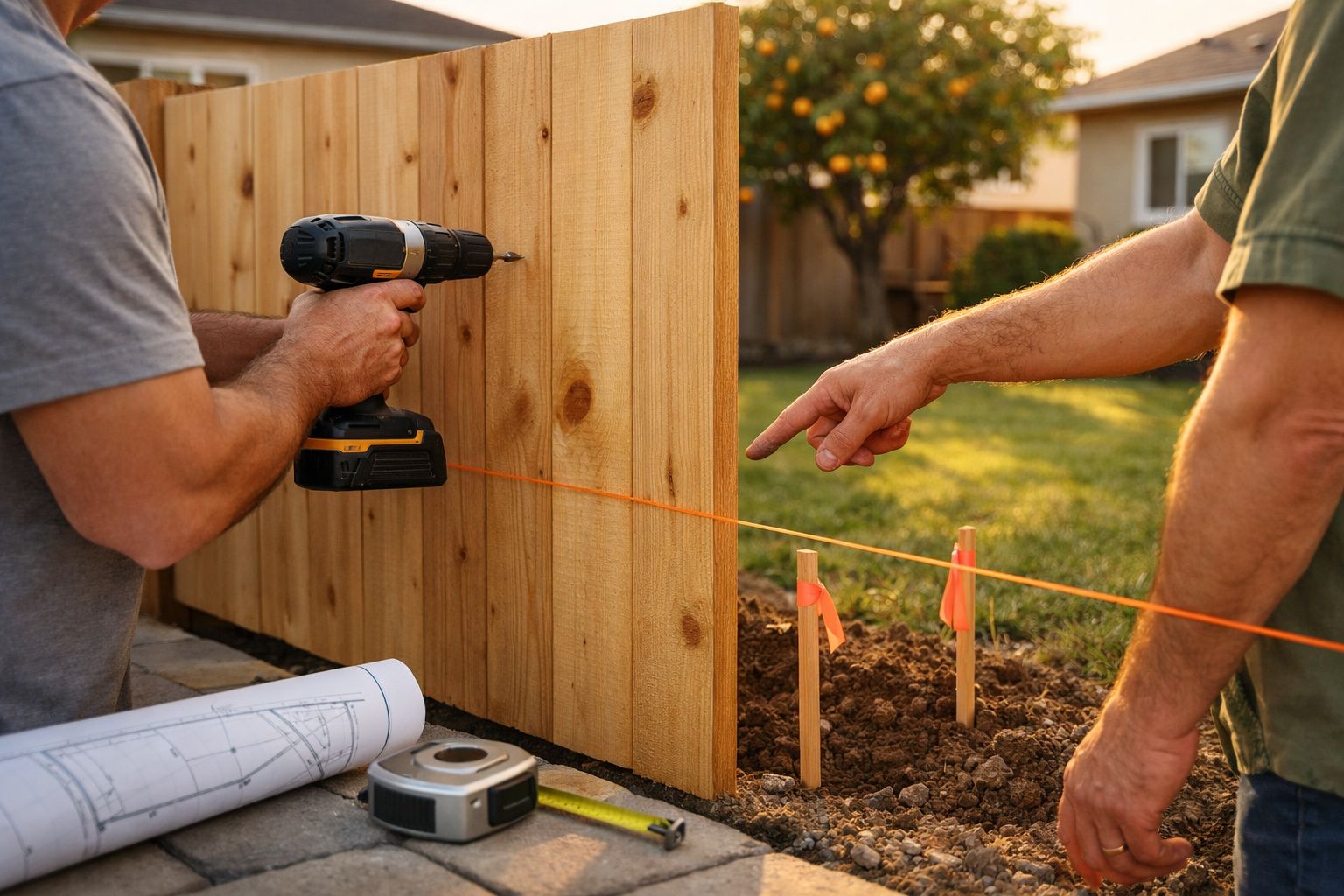 Dois homens a medir uma cerca de madeira junto a uma casa, com plantas e plantas em redor, um segura um smartphone.