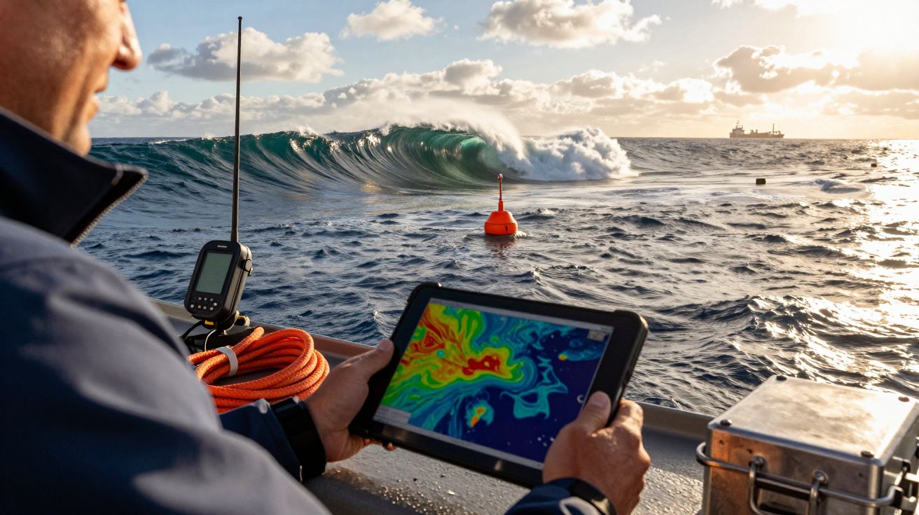 Pessoa segura tablet com mapa meteorológico numa barco, perto de boia no mar agitado; navio visível ao fundo.