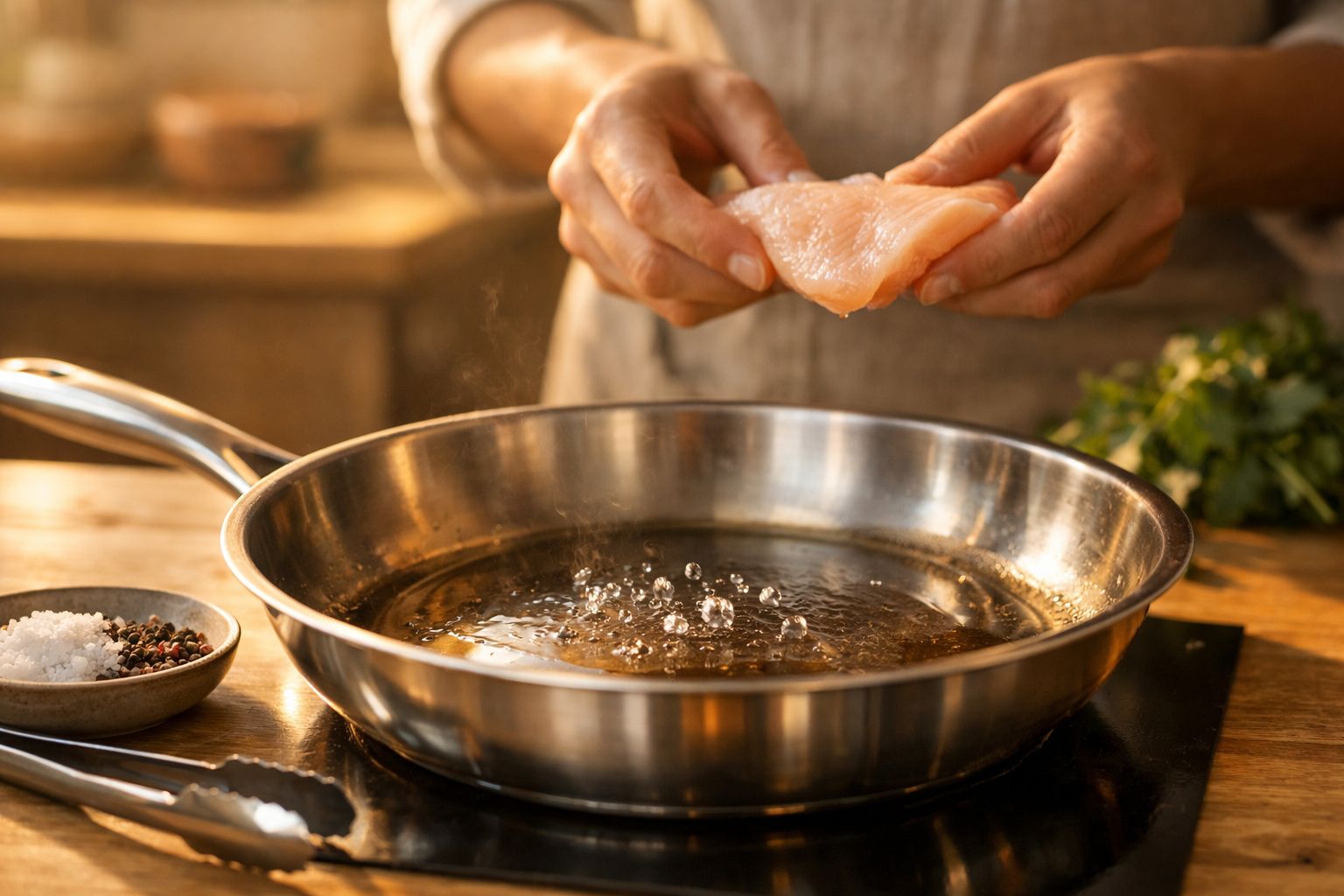 Mãos mexem óleo numa frigideira preta ao lume, com ovos numa taça ao fundo numa cozinha iluminada.