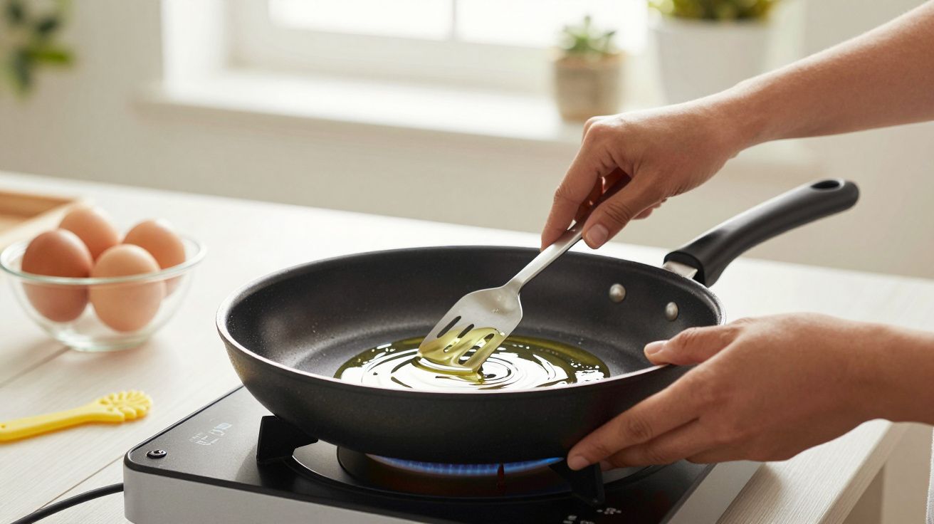Mãos mexem óleo numa frigideira preta sobre um fogão. Ao fundo, uma tigela com ovos e utensílios de cozinha.