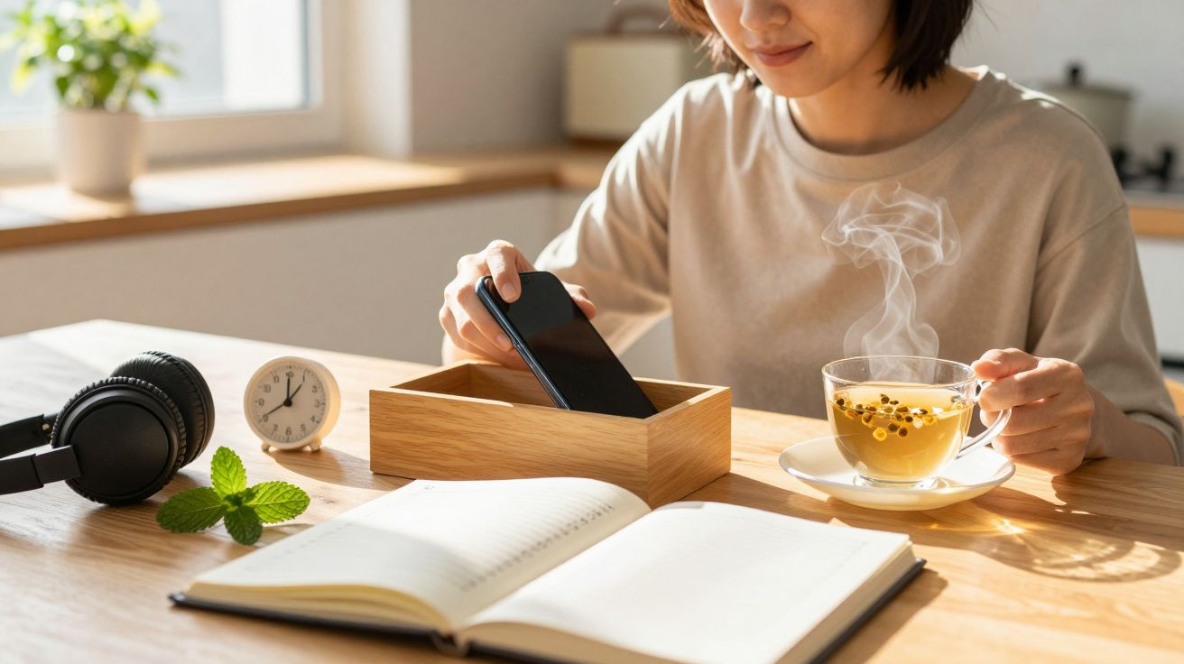 Mulher coloca telemóvel numa caixa enquanto bebe chá ao lado de um caderno e auriculares.