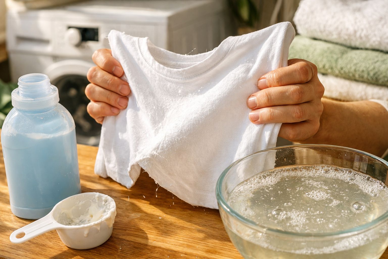 Pessoa aplica removedor de manchas numa camisola branca na lavandaria com máquina de lavar ao fundo.