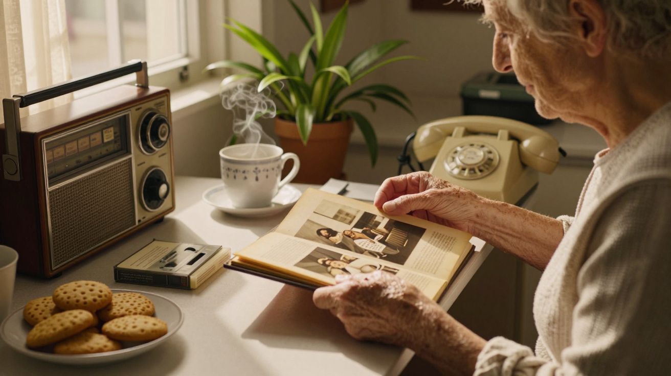 Idosa folheia álbum de fotos junto a uma mesa com rádio antigo, chávena de chá, bolachas e telefone vintage.