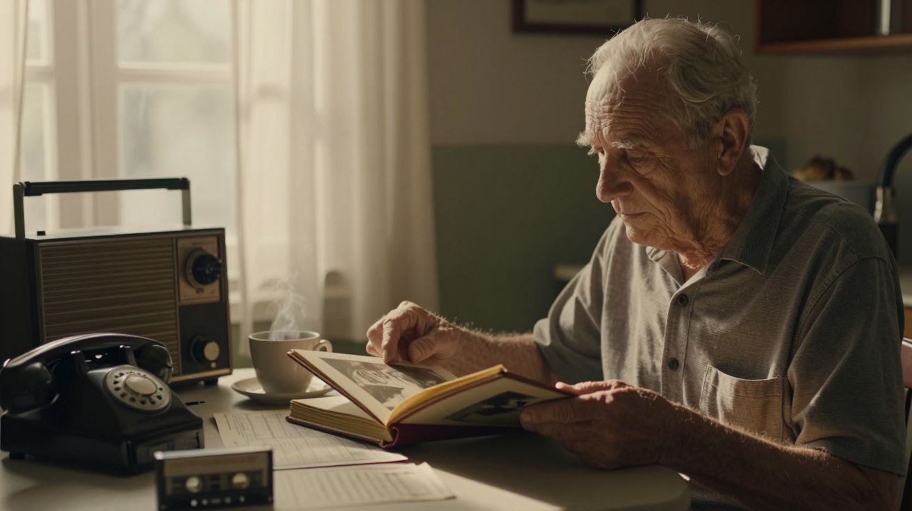 Idoso lê livro numa mesa com rádio vintage, chávena de café e telefone antigo, sob luz suave.