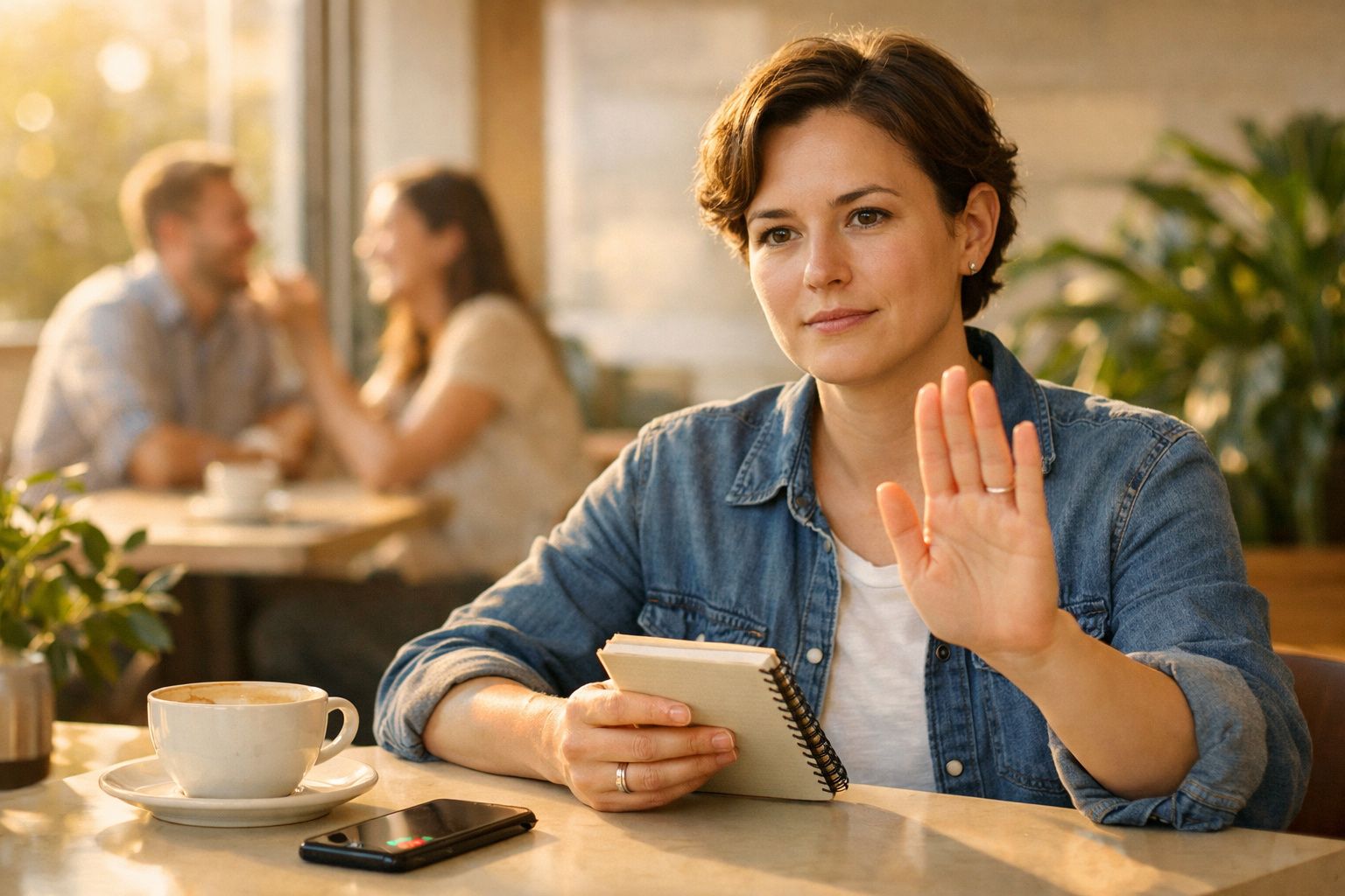 Mulher em escritório com olhos fechados e mão no peito enquanto colegas trabalham em mesas ao fundo.