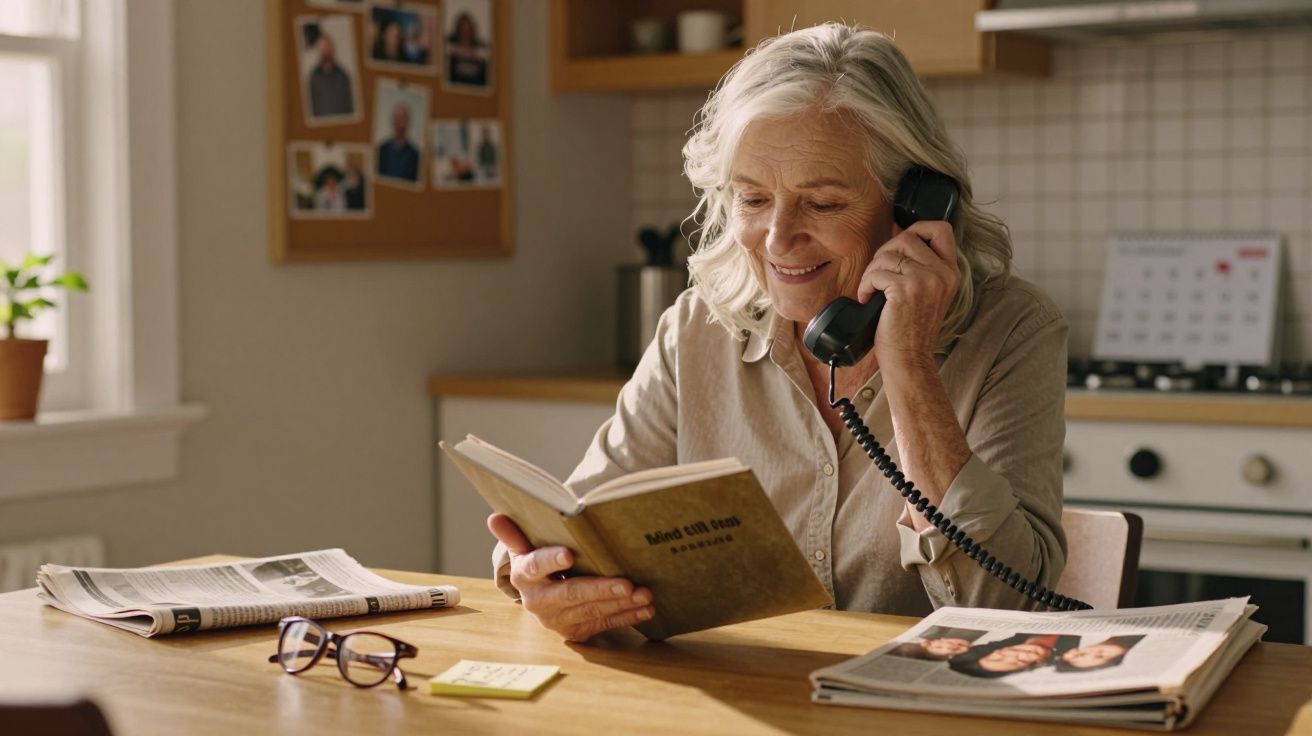 Mulher idosa fala ao telefone enquanto lê um livro na cozinha, com jornais e óculos sobre a mesa.