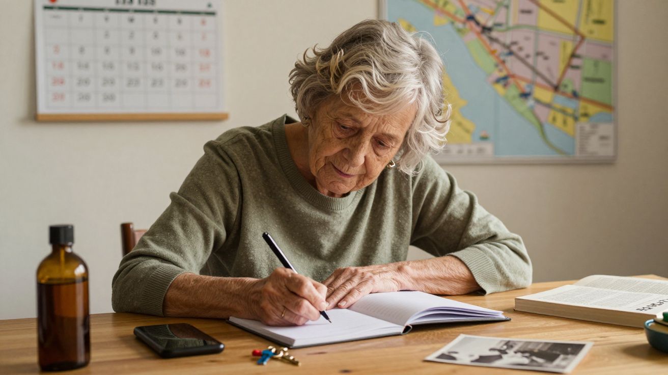 Idosa escrevendo num caderno à mesa, com calendário e mapa na parede ao fundo.