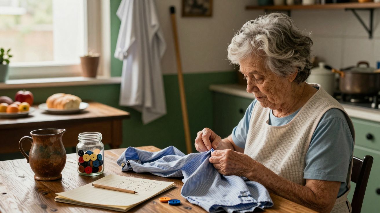 Idosa costurando à mesa da cozinha, com jarra, blocos de notas, frasco de botões e frutas ao fundo.