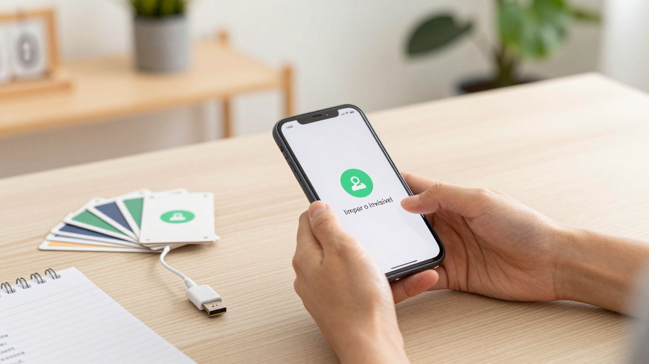 Pessoa segura smartphone com app de limpeza de privacidade aberto. Mesa com caderno, cabo USB e cartões ao fundo.