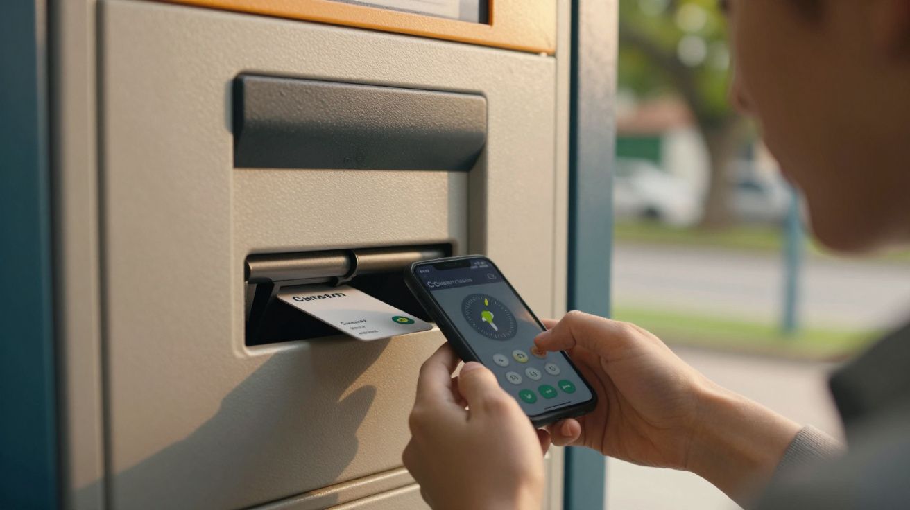 Pessoa usando um telemóvel para controlar uma máquina com cartão inserido.