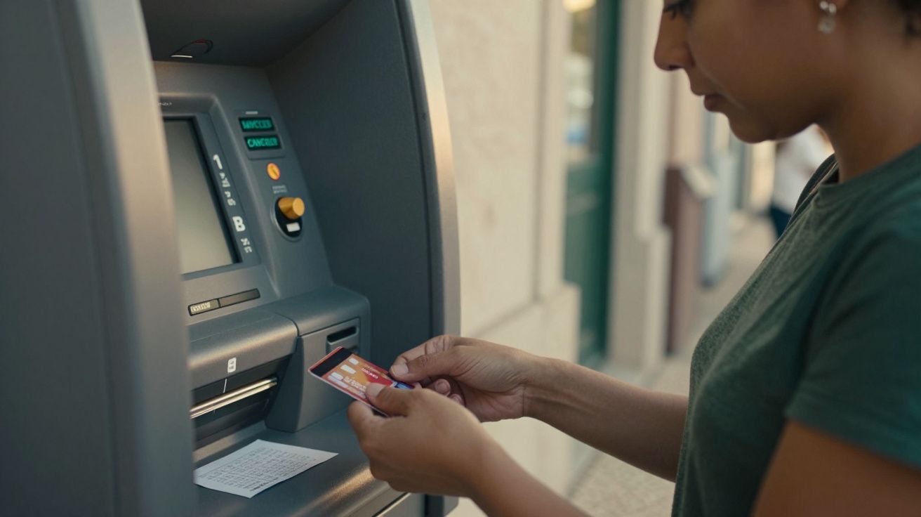 Mulher utilizando caixa multibanco ao inserir um cartão. Tela mostra opções de menu.