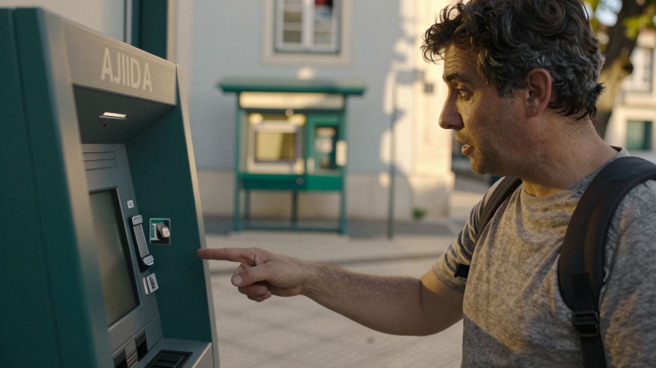 Homem usando multibanco na rua, focado no ecrã enquanto aponta para o teclado.