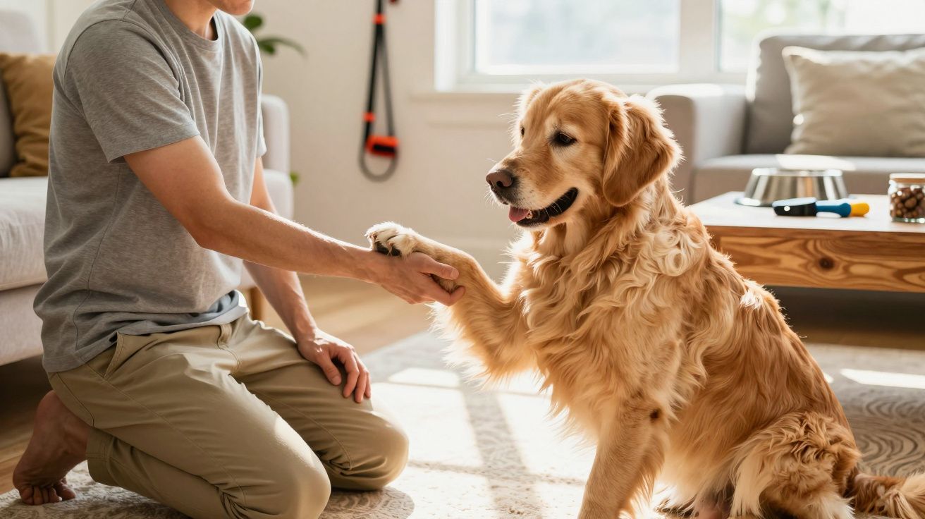 Homem a cumprimentar um Golden Retriever numa sala iluminada, segurando-lhe a pata.