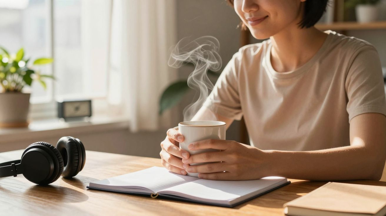 Mulher sorridente segura uma chávena de café quente à secretária com caderno aberto e auscultadores ao lado.