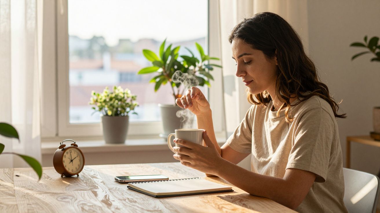 Mulher a beber chá junto à janela, com plantas e um relógio na mesa.