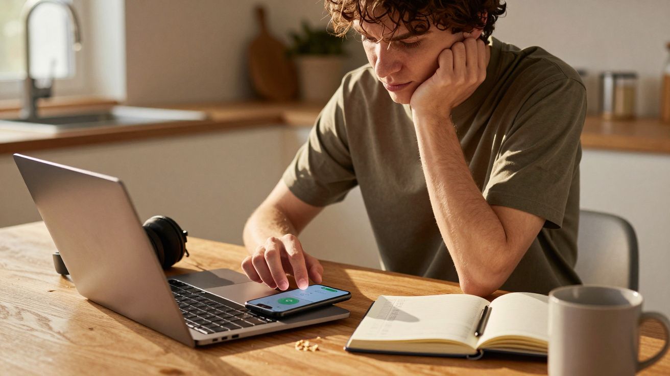 Jovem a trabalhar num portátil, a usar telemóvel, com um caderno aberto e chávena na mesa de madeira, cozinha ao fundo.