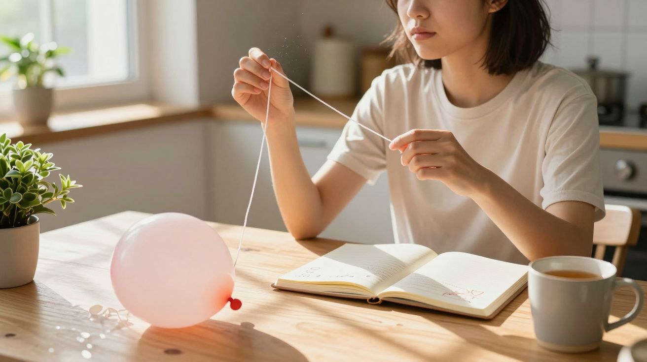 Mulher sentada à mesa com caderno aberto, segurando um balão e uma caneca de chá, ao lado de uma planta.