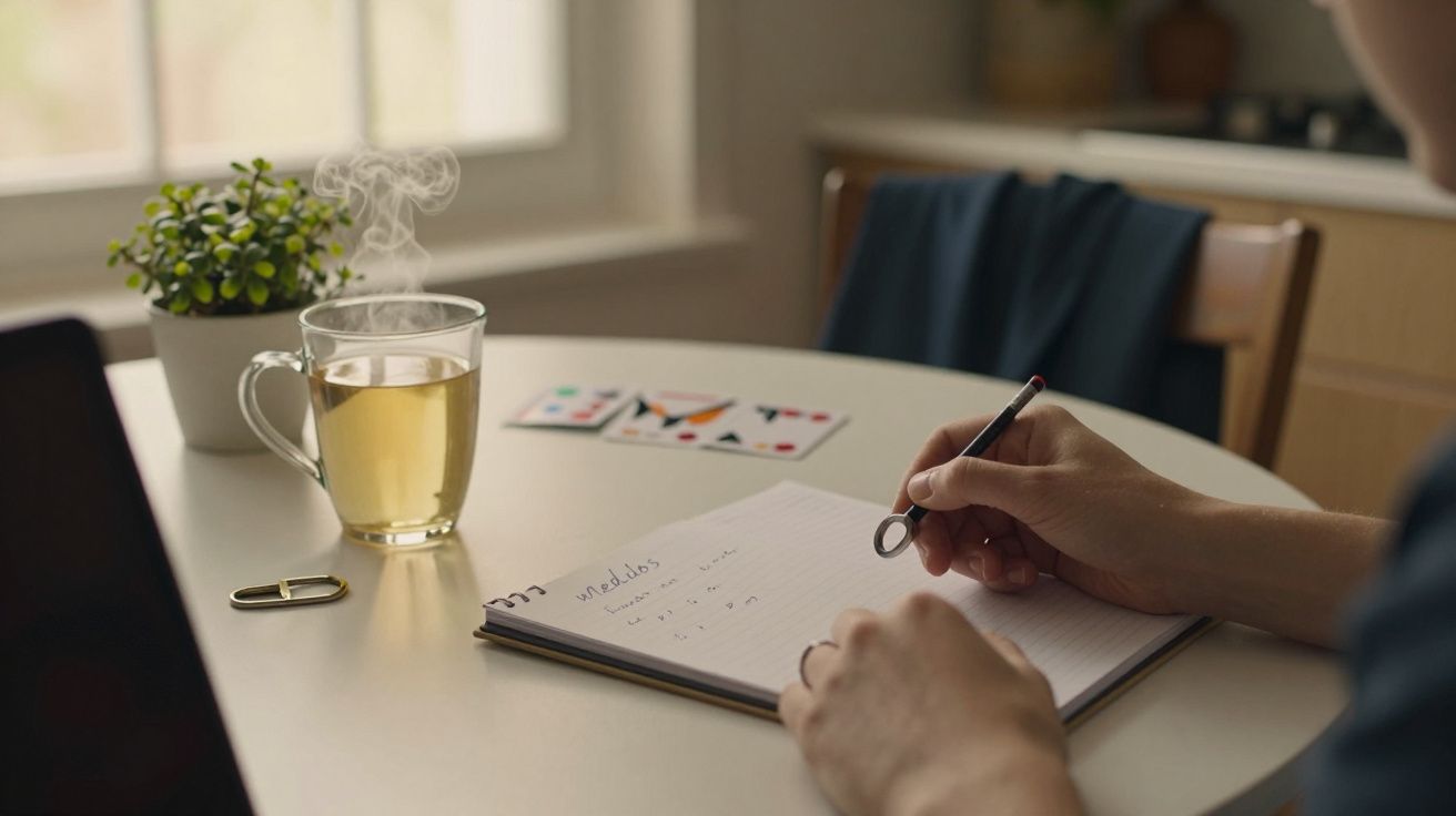 Pessoa a escrever num caderno numa mesa com uma chávena de chá, planta e cartões coloridos.