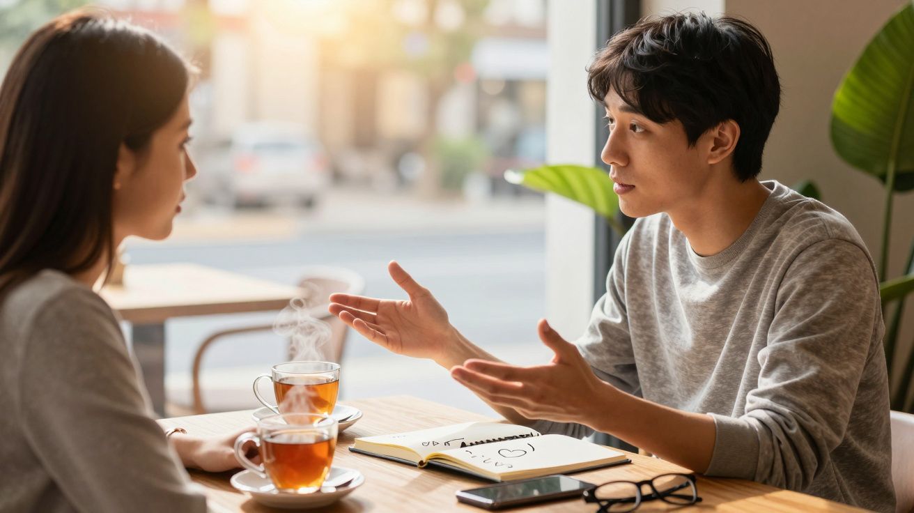 Duas pessoas conversam numa mesa de café, com chá e um bloco de notas.