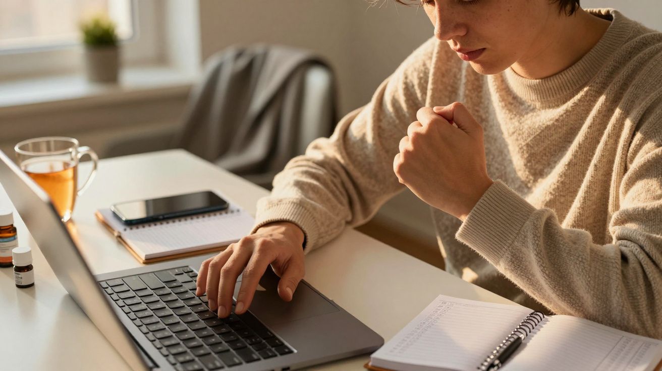 Pessoa a trabalhar num portátil numa mesa com caderno, telemóvel e chá.