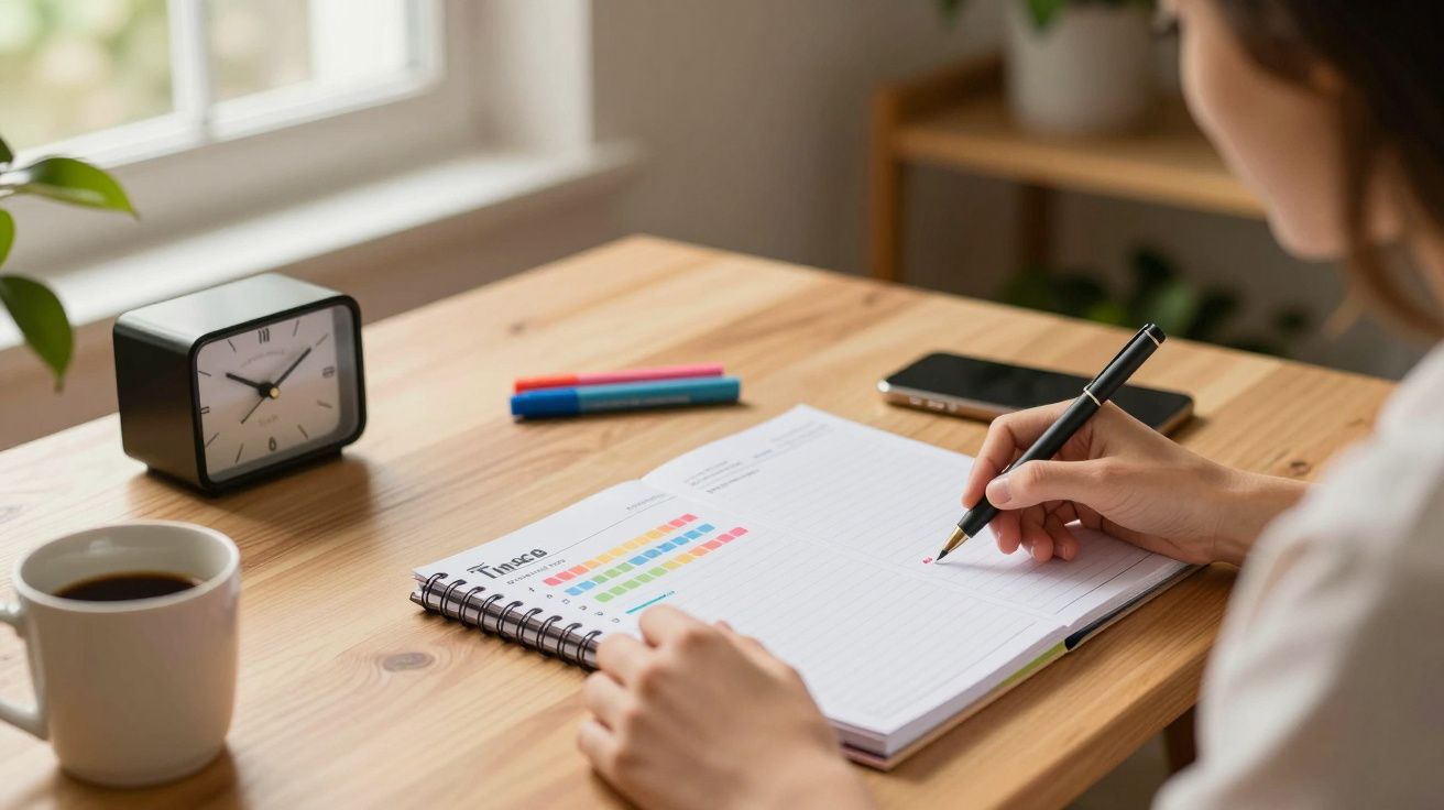 Mulher escreve em caderno numa mesa com relógio, café, marcadores e telemóvel ao lado de uma janela.